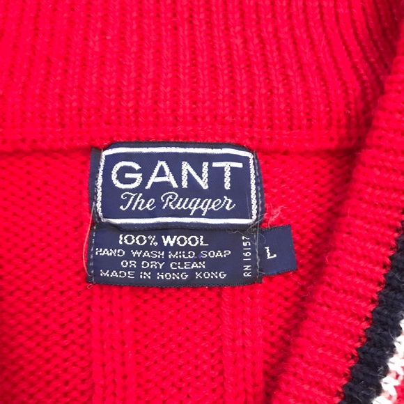 Vintage Gant The Rugger Wool Sweater Mens Large Red Cable Knit V Neck Jumper - Picture 4 of 6
